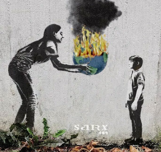 Stencil mural of a figure handing a burning Earth to a child.