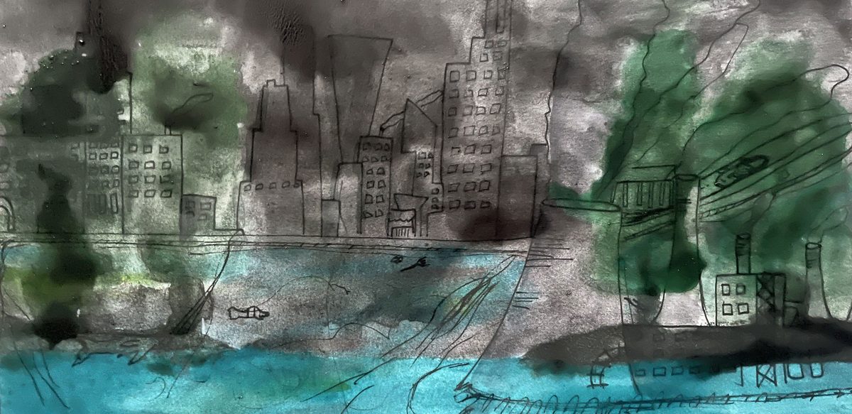 Watercolour city study with thermochromic layers, cool tones.